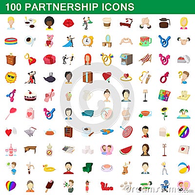 100 partnership icons set, cartoon style Vector Illustration