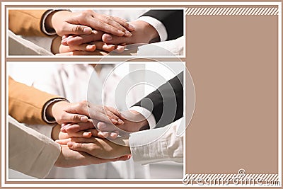 Partnership, union and cooperation. Collage with photo of people joining hands together, closeup Stock Photo