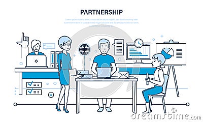 Partnerships, teamwork, joint activities, communications, discussions, discussion of performance indicators. Vector Illustration