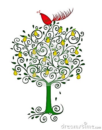 Partridge in a Pear Tree Cartoon Illustration