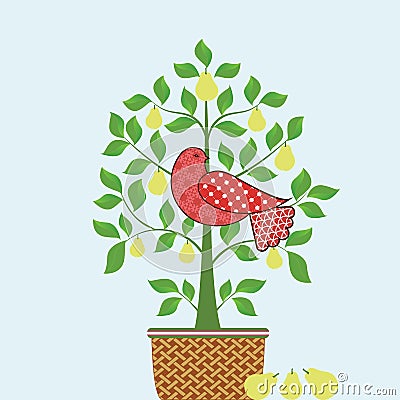 Partridge In A Pear Tree With Basket Vector Illustration