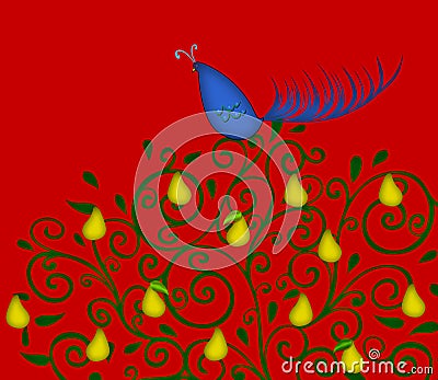 Partridge in a Pear Tree on Red Cartoon Illustration