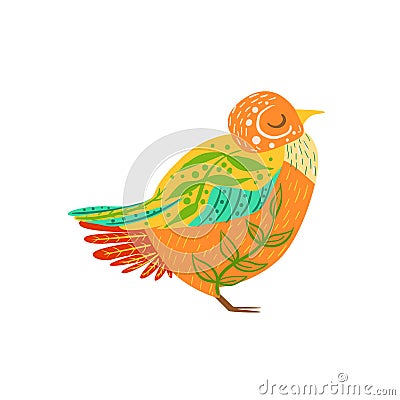Partridge Relaxed Cartoon Wild Animal With Closed Eyes Decorated With Boho Hipster Style Floral Motives And Patterns Vector Illustration