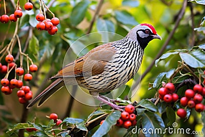 a partridge standing near a bush laden with berries Stock Photo