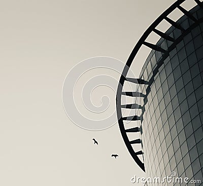 Parts of a high rise building with flying birds in the sky unique photo Stock Photo