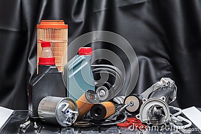 Parts for scheduled car maintenance.Oil , air , fuel filter, Water pumps motor, belt car engine for car - Image Stock Photo