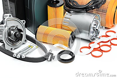 Parts for scheduled car maintenance.Oil , air , fuel filter, Water pumps motor, belt car engine for car on white background - Stock Photo