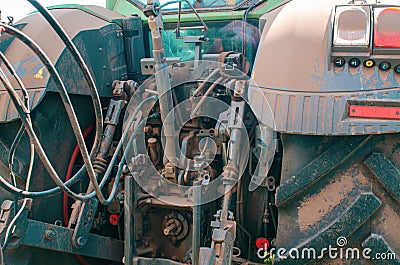Parts of tractor seeder mechanisms. Close-up of details of agricultural machinery Stock Photo