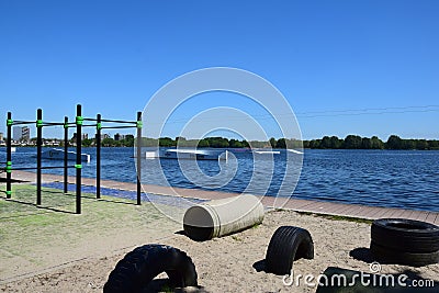 Parts of the water ski slope or teleski in the Zegerplas Stock Photo