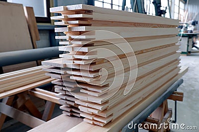 Parts of wooden windows from glued beams from pine with chopped mortise and tenon joints Stock Photo