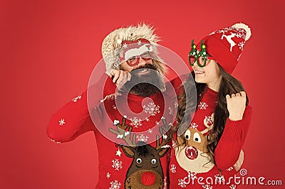 Party accessories. Family wear winter sweaters. Having fun. Christmas memories. Family holiday. Family values. Dad and Stock Photo