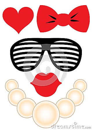 Party accessories set - glasses, necklace, lips Vector Illustration