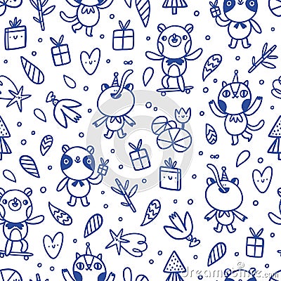 Party animal characters in blue outline, vector seamless pattern Vector Illustration