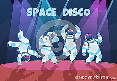 Party astronauts. Retro dancing spaceman, disco entertainment poster with pop art cosmonaut. Vector cartoon vintage Vector Illustration