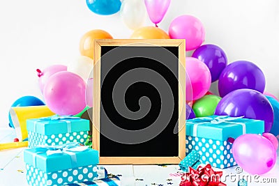 Party Background Balloons Chalkboard Party Decoration Confetti Serpentine Gift Stock Photo