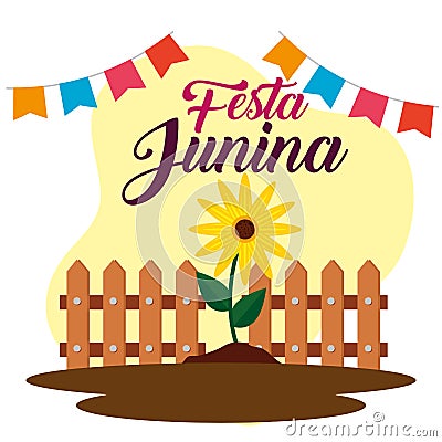 party banner with sunflower plant and wood grillage Cartoon Illustration