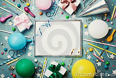 Party or birthday background. Silver frame with colorful balloon, gift box, carnival cap, confetti, candy and streamer. Stock Photo