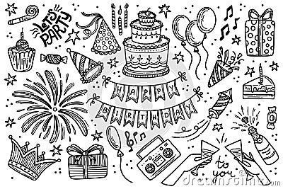 Party birthday doodle vector set. Happy birthday celebration hand drawn clipart big collection. Anniversary decoration objects Vector Illustration