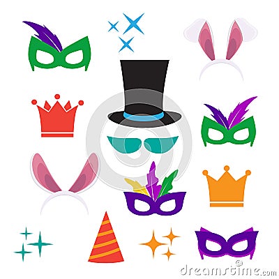 Party Birthday photo booth props. Hat and mask, costume and cylinder, bunny ears nose moustache Stock Photo