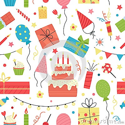 Party birthday seamless pattern. Festive cake, confetti and balloons. Kids cartival, festive anniversary print. Bright Vector Illustration