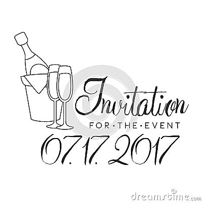 Party Black And White Invitation Card Design Template With Calligraphic Text And Champagne Bottle Vector Illustration