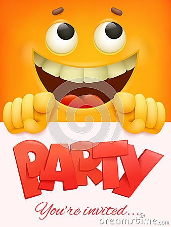 Party card template with yellow smiley face emoticon background. Cartoon Illustration