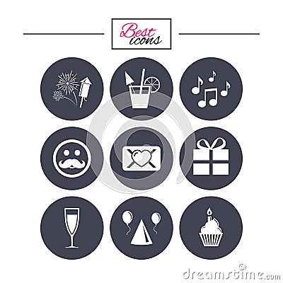 Party celebration, birthday icons. Music notes. Vector Illustration