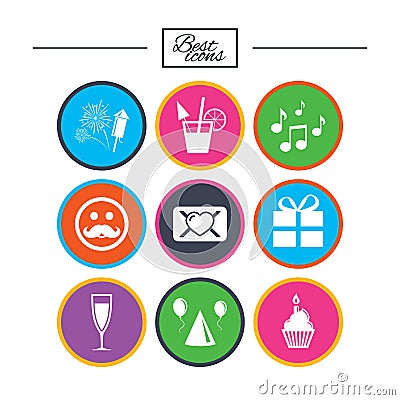 Party celebration, birthday icons. Music notes. Vector Illustration