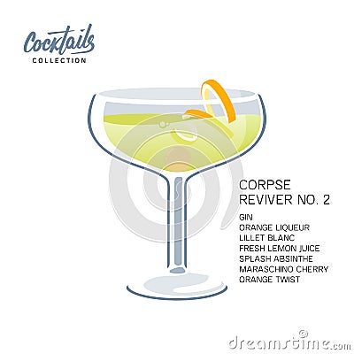 After party cocktail Corpse Reviver 2 drink twist Cartoon Illustration
