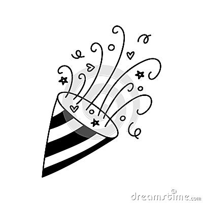 Party confetti popper. Isolated confetti, explosion, firecracker, celebration in doodle style. Vector Illustration