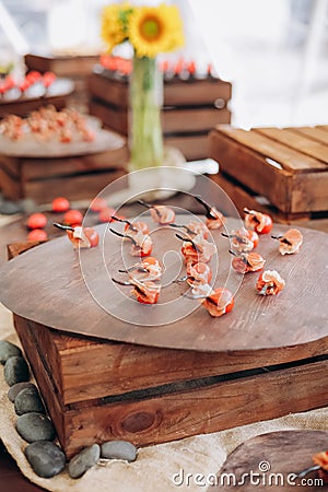 party corporate food buffet appetizers fish canapes Stock Photo