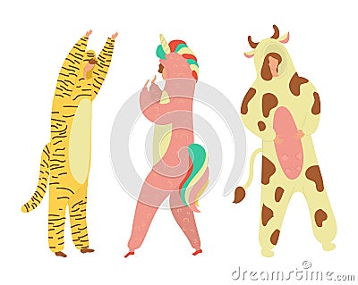 Party costumes people dressed in kigurumi, onesies representing various animals and characters flat cartoon vector Vector Illustration
