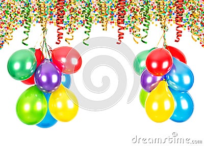 Party decoration. Air balloons, confetti, serpentine Stock Photo