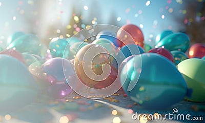 Party decoration, various colorful balloons flying in the blue sky, Holiday card Flat lay Top view Happy Birthday Stock Photo