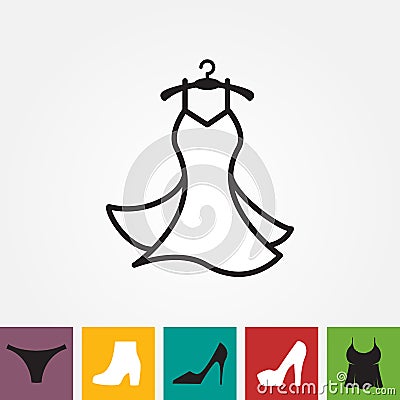 Party Fashion Dress Icon or Silhouette with Clothes Hanger Isolated Vector Illustration