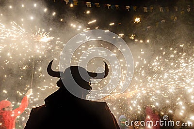 Party with fire and demon silhouette Traditional Catalan Editorial Stock Photo