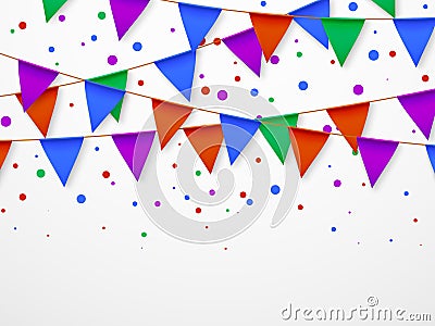 Party flag garland with confetti. Kids birthday, circus carnival fiesta invitation vector retro background Vector Illustration