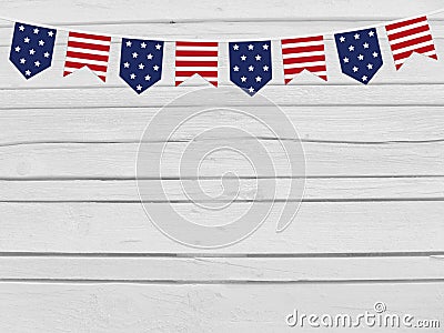 Party flags on wooden background. 4th July, Independence day, card, invitation in usa flag colors. Top view, empty space. Stock Photo