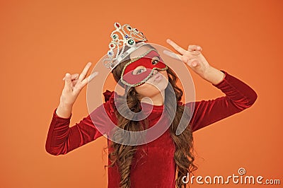 Party girl. Little prom queen celebrate victory. Happy child make victory hand gestures. Small winner enjoy victory Stock Photo