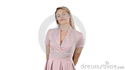 Party glam woman in pink dancing and smiling on white background. Stock Photo