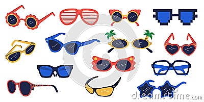 Party glasses. Funny sunglasses hippy groovy psychedelic retro style, cartoon geometric fashion eyewear icons different Vector Illustration