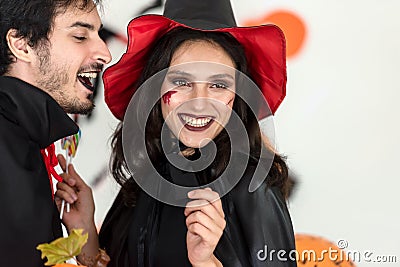 Party Halloween holiday. Young couple party and celebrate with Halloween pumpkin Stock Photo