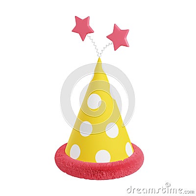 Party hat 3d illustration. Yellow paper cone with dots, pink decoration and stars for birthday or holiday celebration Cartoon Illustration