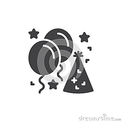 Party hat and festive balloons icon vector, filled flat sign, solid pictogram isolated on white. Vector Illustration