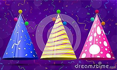 Party hat set on colourful background. Birthday. Vector fun decoration. Colorful surprise costume Vector Illustration