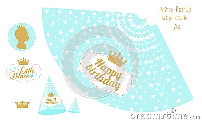 Party hats printable. Blue and gold prince party Vector Illustration