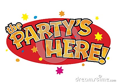 The party is here pointer sign with stars Stock Photo