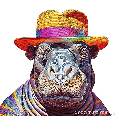 Party hippo wearing colorful rainbow summer hat isolated over white background. Created with generative Ai Stock Photo