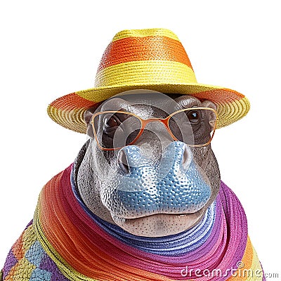 Party hippo wearing colorful rainbow summer hat and sunglasses isolated over white background. Created with generative Ai Stock Photo