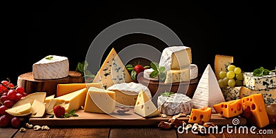 Party hors d'oeuvre platter assorted cheeses and fruits from above. Generative AI Stock Photo